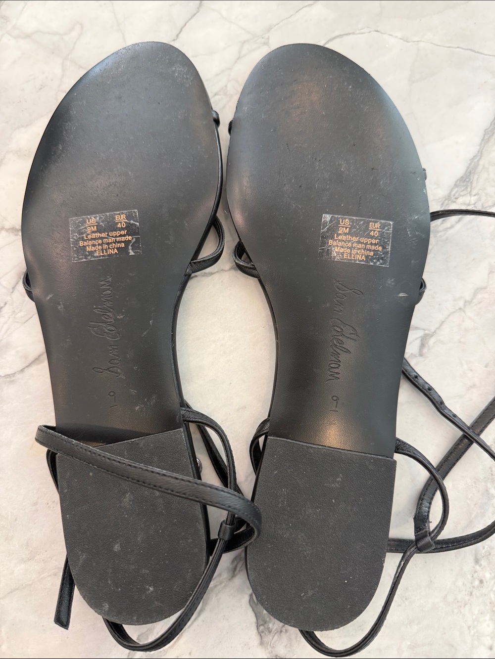 Sam Edelman Black Lace-Up Strappy Flat Sandals with Gold Logo - Picture 2 of 2